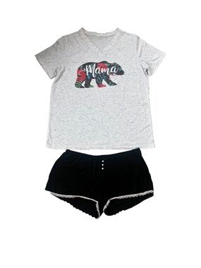 Women's 2 Piece Pajama Set, Gray Mama Bear L T-Shirt & Black Lace Trim Shorts M